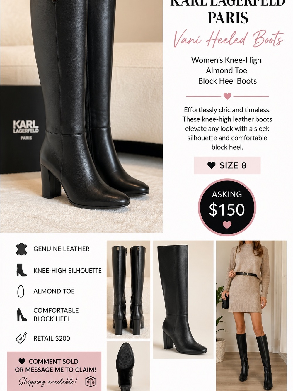 Karl Lagerfeld Black Knee-High Leather Block Heel Boots